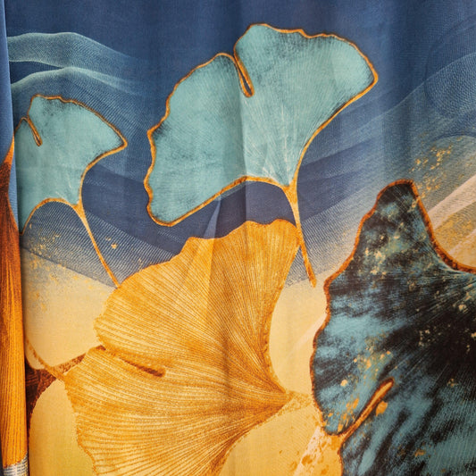 Handmade boho-style multi-wear kaftan coloured with Ginkgo leaves and turquoise coloured robe, with botanical, made from a soft cotton-polyester blend