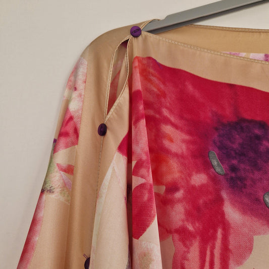 Handmade Boho-style multi-wear kaftan. with pink floral on a champagne robe, with botanical, made from a soft cotton-polyester blend