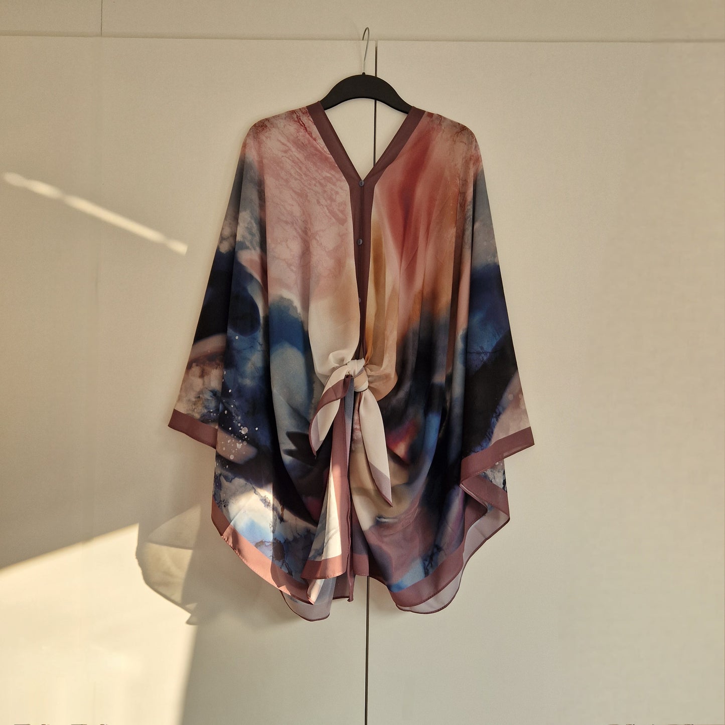 Handmade Boho-style multi-wear kaftan and robe made from a soft cotton-polyester blend in autumn colours