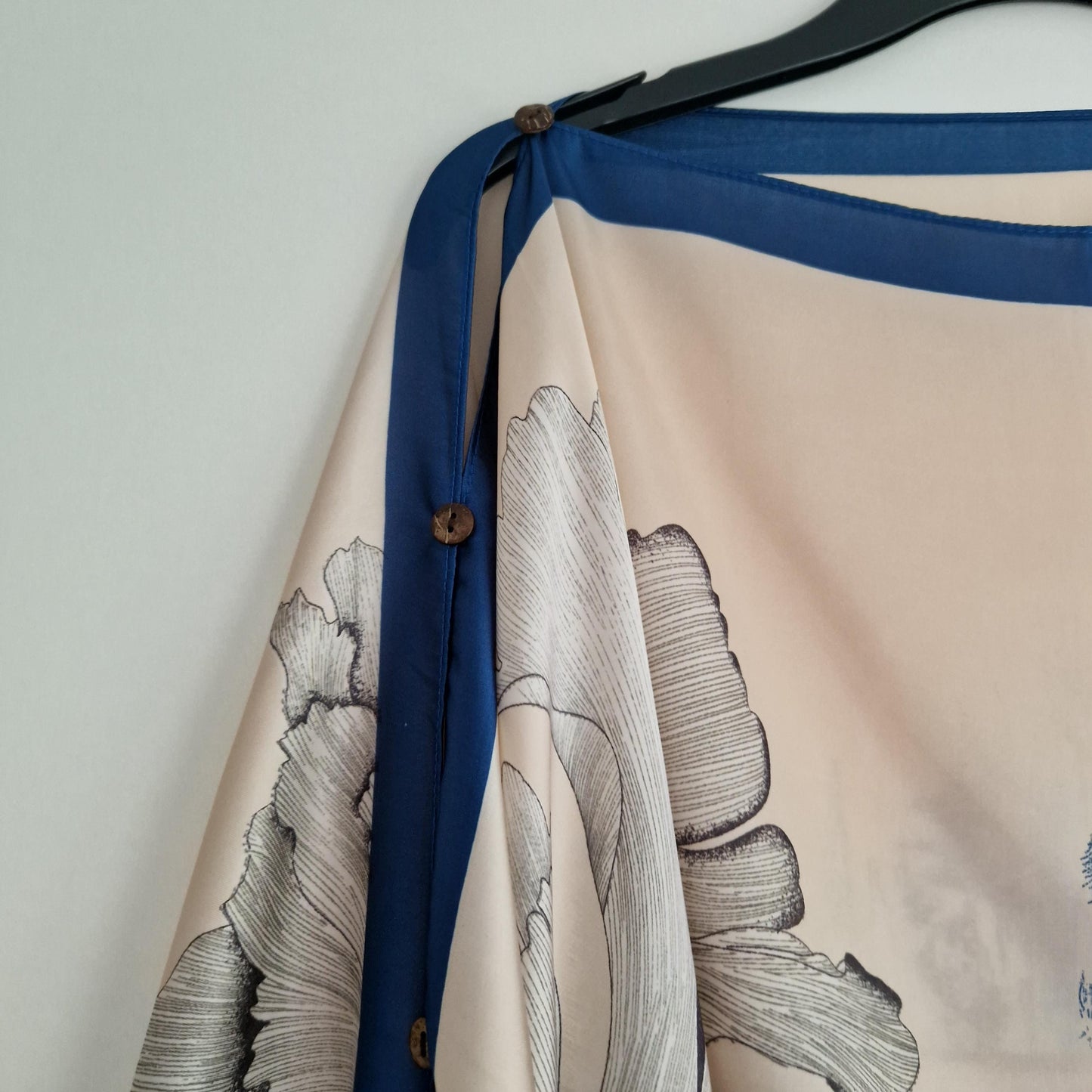 Handmade Boho-style multi-wear kaftan. champagne and French blue with navy-blue  border, made from a soft cotton-polyester blend