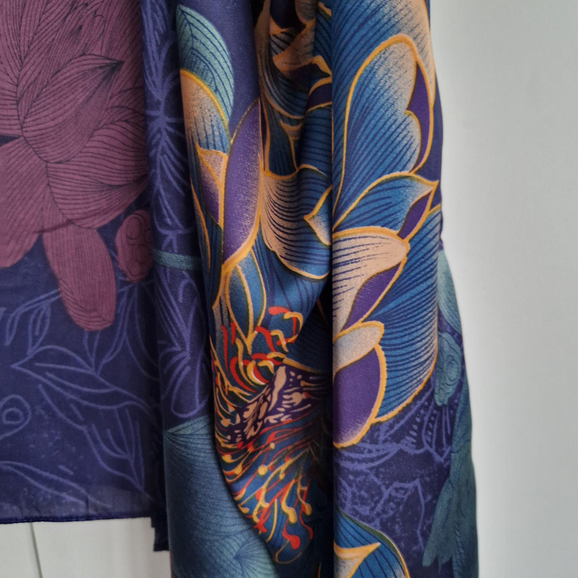 Handmade Boho-style multi-wear kaftan. with a lotus flower and navy blue robe, with botanical, made from a soft cotton-polyester blend