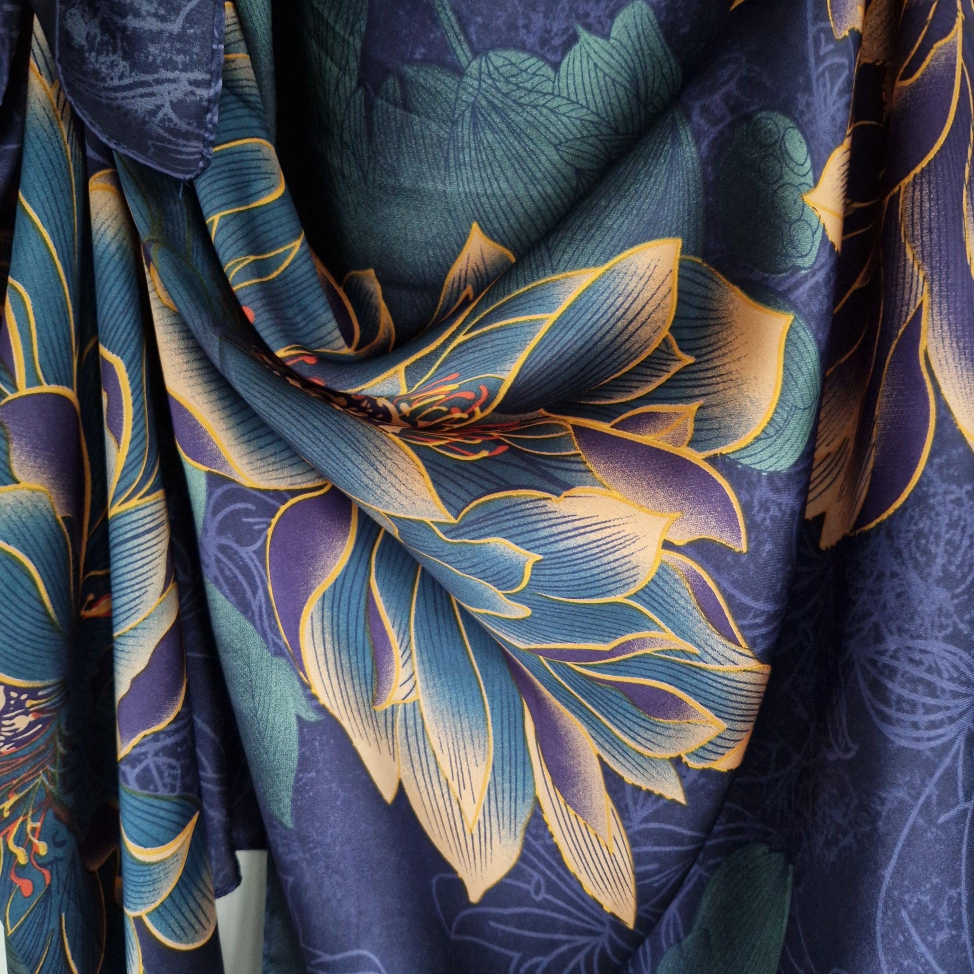 Handmade Boho-style multi-wear kaftan. with a lotus flower and navy blue robe, with botanical, made from a soft cotton-polyester blend