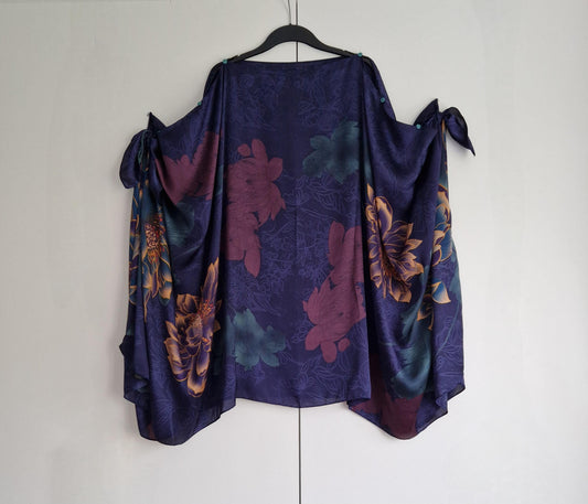 Handmade Boho-style multi-wear kaftan. with a lotus flower and navy blue robe, with botanical, made from a soft cotton-polyester blend