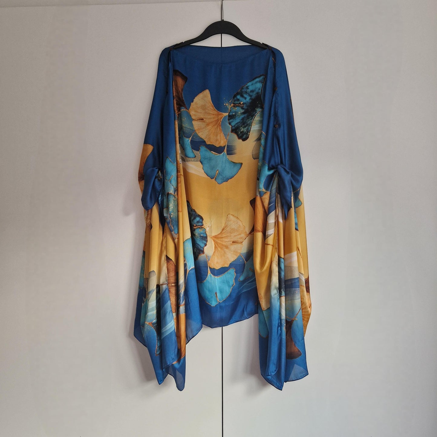 Handmade boho-style multi-wear kaftan coloured with Ginkgo leaves and turquoise  coloured robe, with botanical, made from a soft cotton-polyester blend