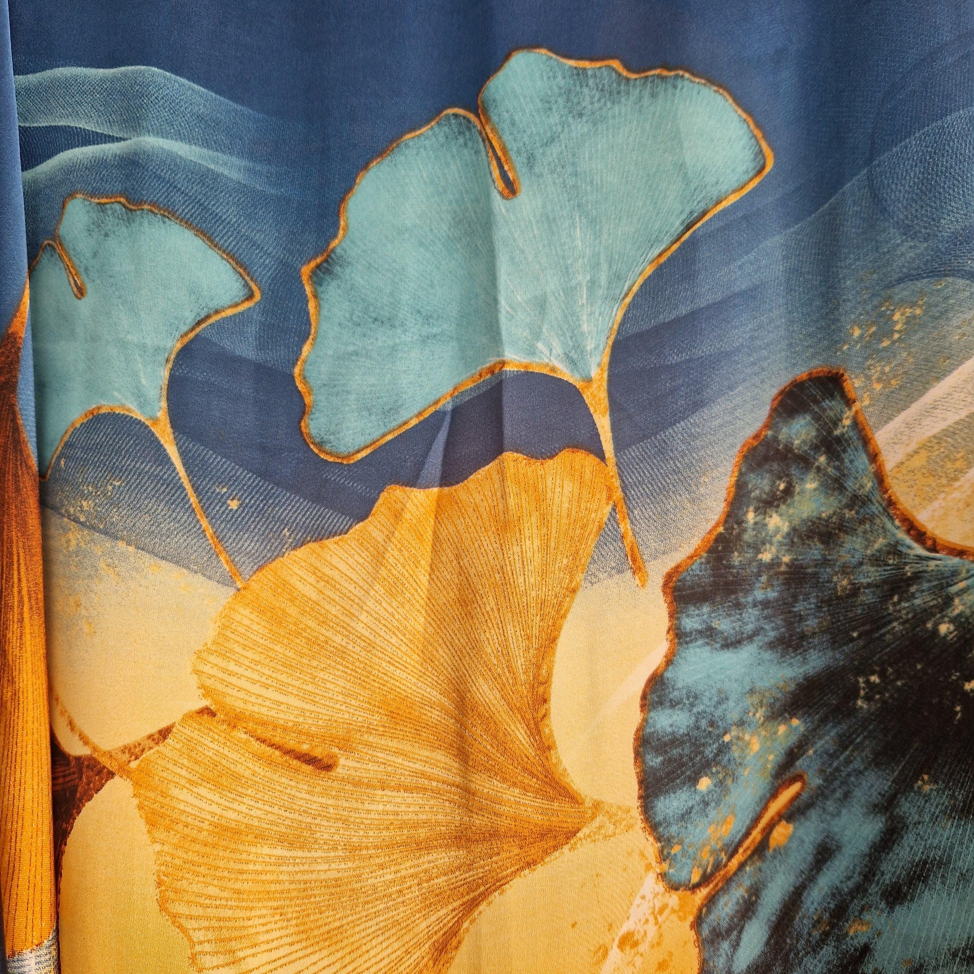 Handmade boho-style multi-wear kaftan coloured with Ginkgo leaves and turquoise  coloured robe, with botanical, made from a soft cotton-polyester blend