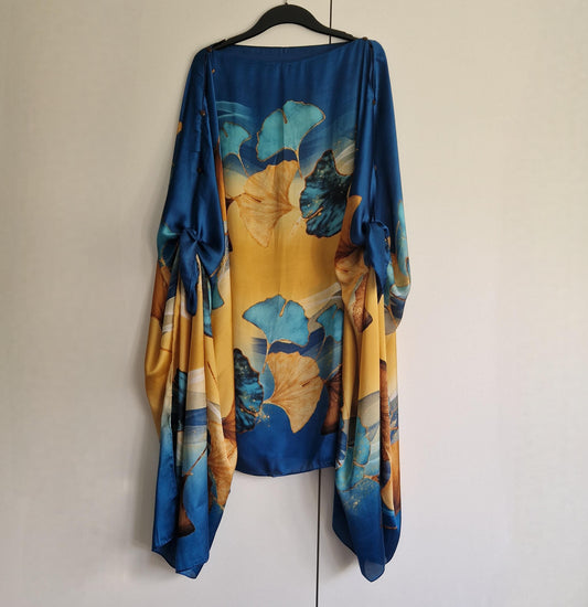 Handmade boho-style multi-wear kaftan coloured with Ginkgo leaves and turquoise  coloured robe, with botanical, made from a soft cotton-polyester blend