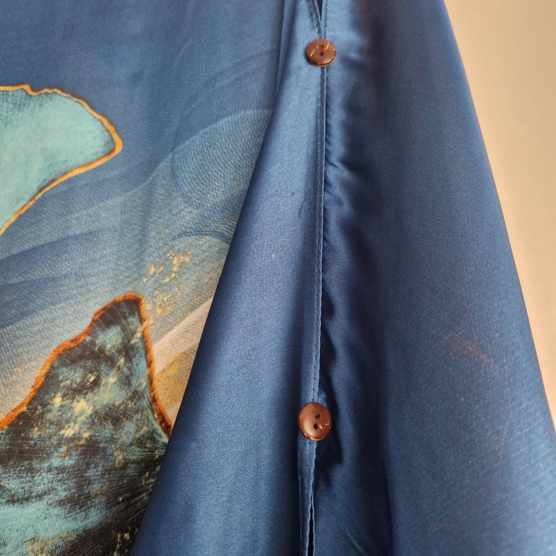 Handmade boho-style multi-wear kaftan coloured with Ginkgo leaves and turquoise  coloured robe, with botanical, made from a soft cotton-polyester blend