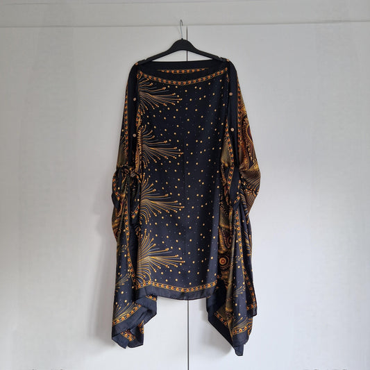 Handmade Boho-style multi-wear kaftan,  black robe and gold details  with botanical, made from a soft cotton-polyester blend
