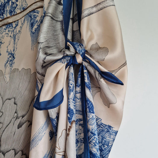 Handmade Boho-style multi-wear kaftan. champagne and French blue with navy-blue  border, made from a soft cotton-polyester blend