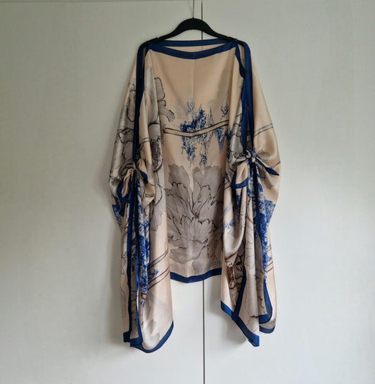 Handmade Boho-style multi-wear kaftan. champagne and French blue with navy-blue  border, made from a soft cotton-polyester blend
