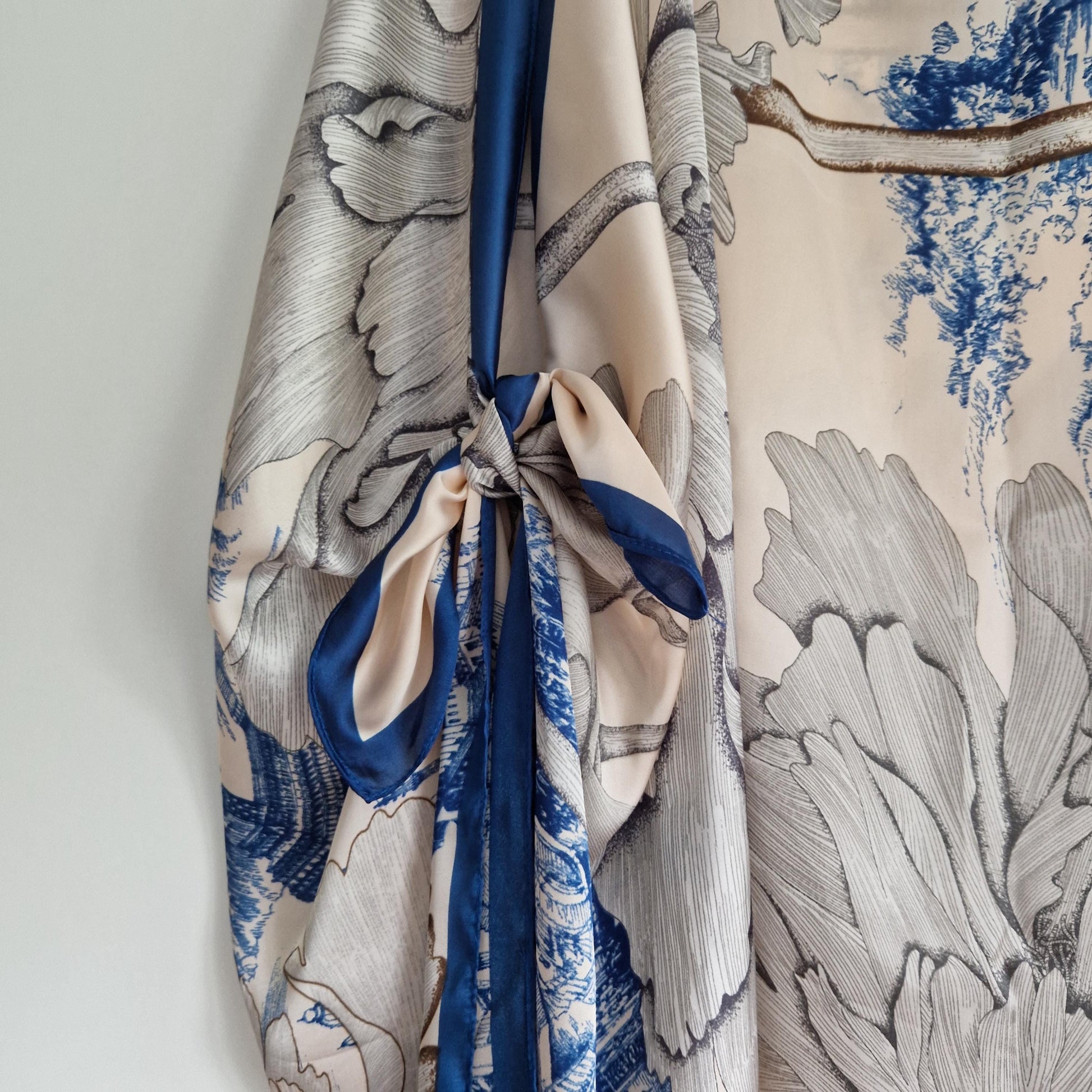 Handmade Boho-style multi-wear kaftan. champagne and French blue with navy-blue  border, made from a soft cotton-polyester blend