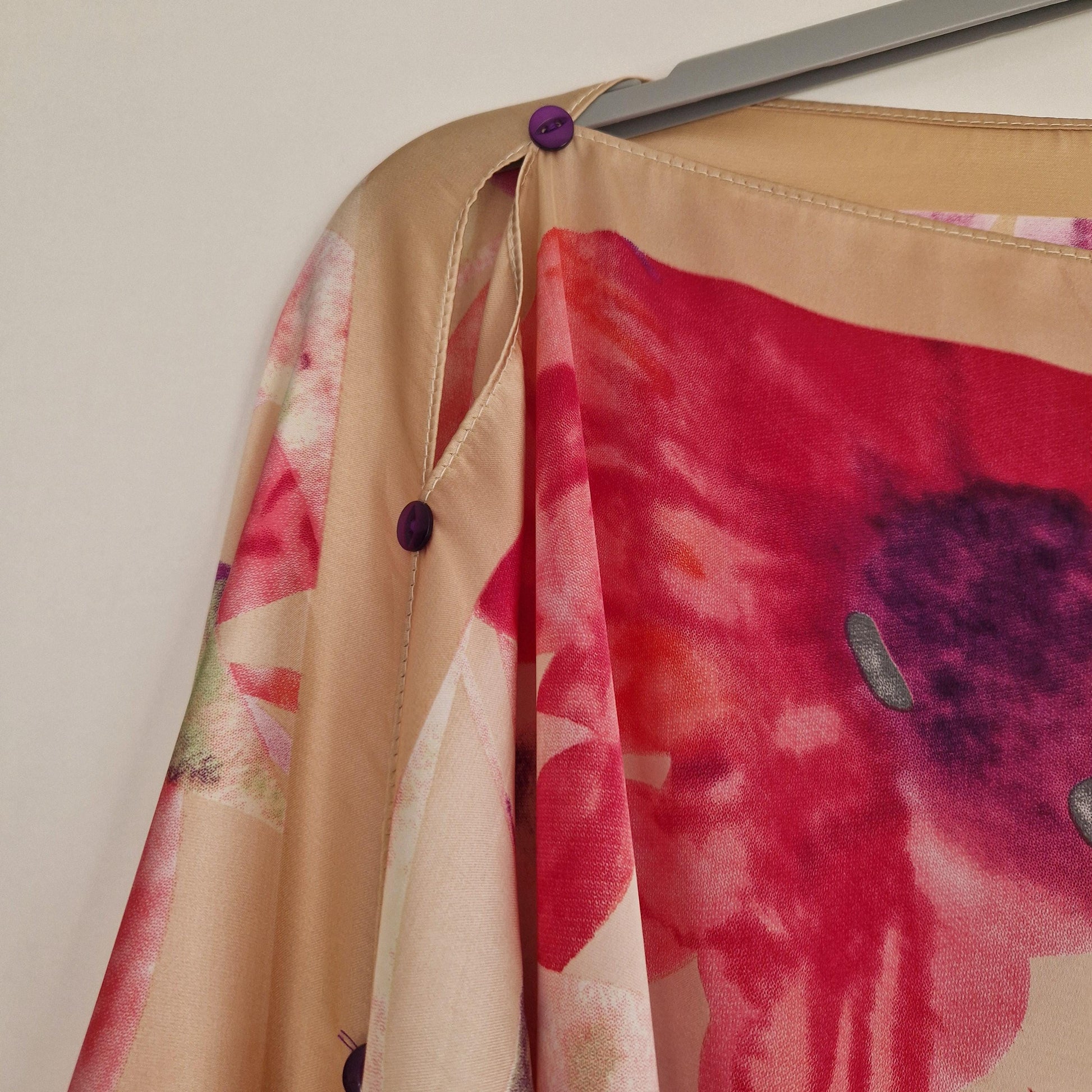Handmade Boho-style multi-wear kaftan. with pink floral  on a champagne robe, with botanical, made from a soft cotton-polyester blend