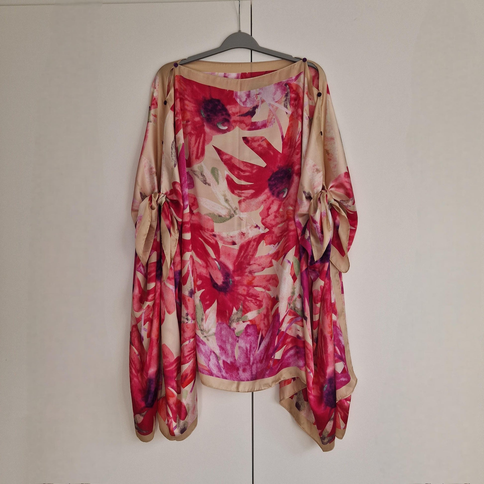Handmade Boho-style multi-wear kaftan. with pink floral  on a champagne robe, with botanical, made from a soft cotton-polyester blend
