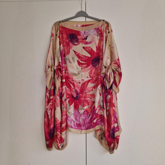 Handmade Boho-style multi-wear kaftan. with pink floral  on a champagne robe, with botanical, made from a soft cotton-polyester blend