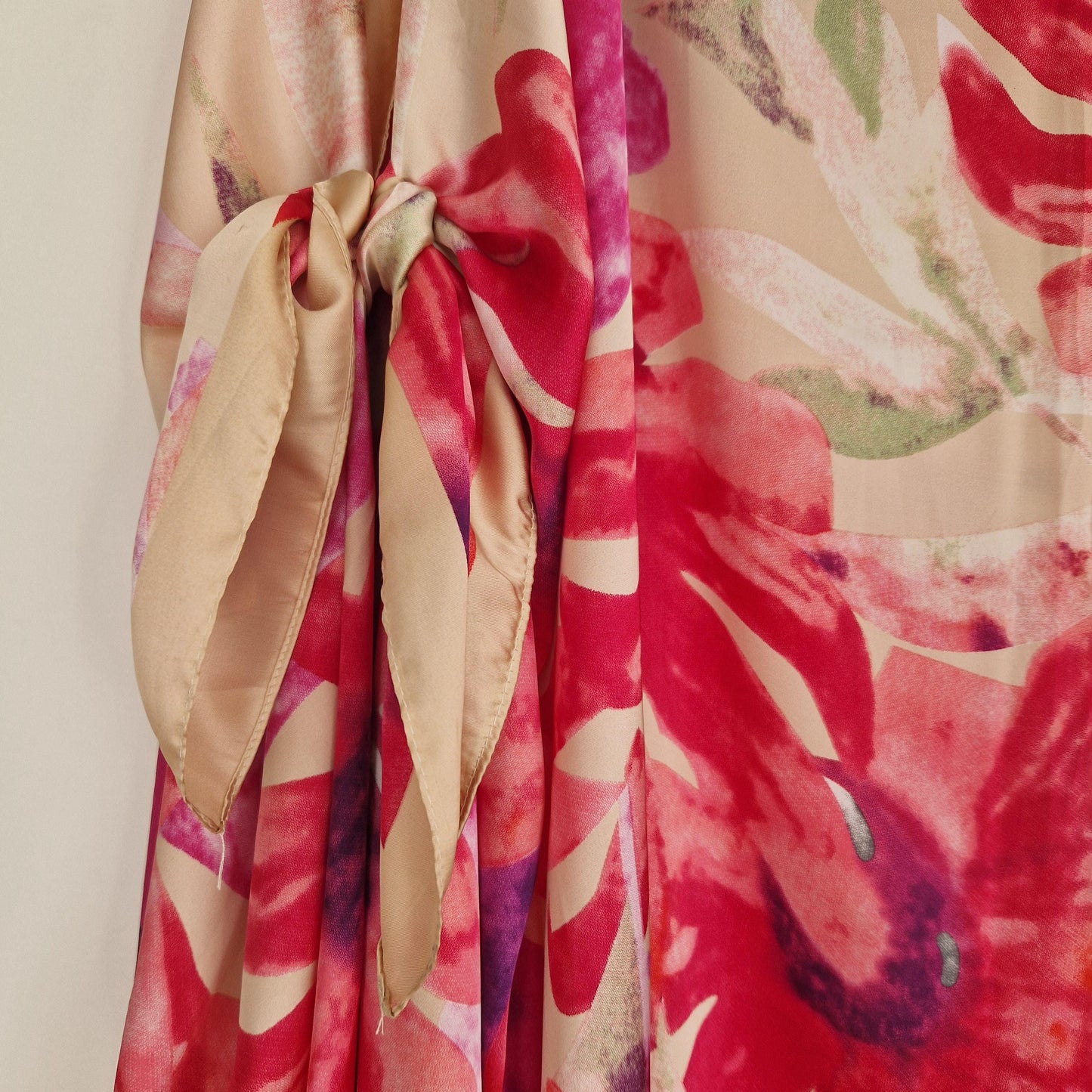 Handmade Boho-style multi-wear kaftan. with pink floral  on a champagne robe, with botanical, made from a soft cotton-polyester blend