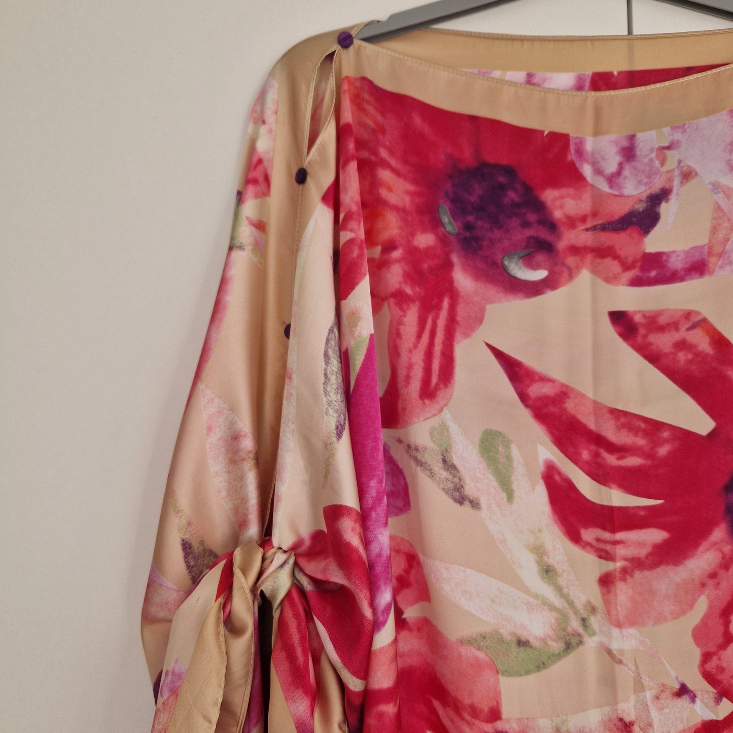 Handmade Boho-style multi-wear kaftan. with pink floral  on a champagne robe, with botanical, made from a soft cotton-polyester blend