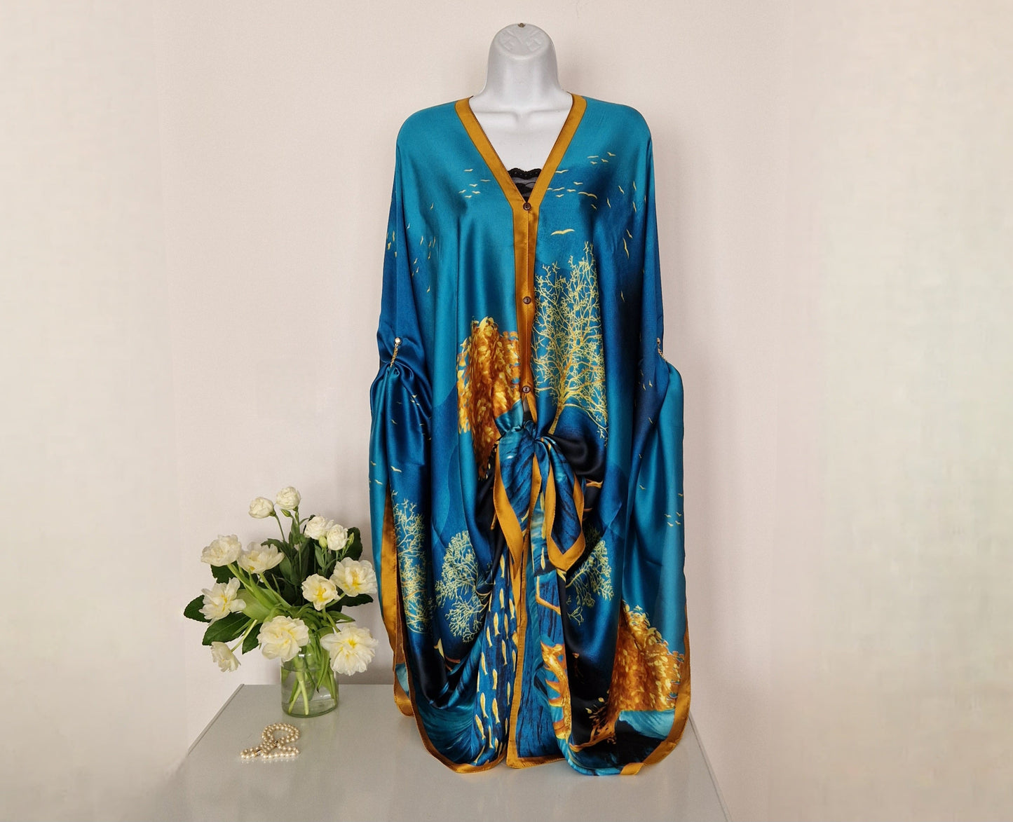 Handmade Boho-style multi-wear kaftan and a purple robe with an iris flower blue detail, with botanical, made from a soft cotton-polyester blend