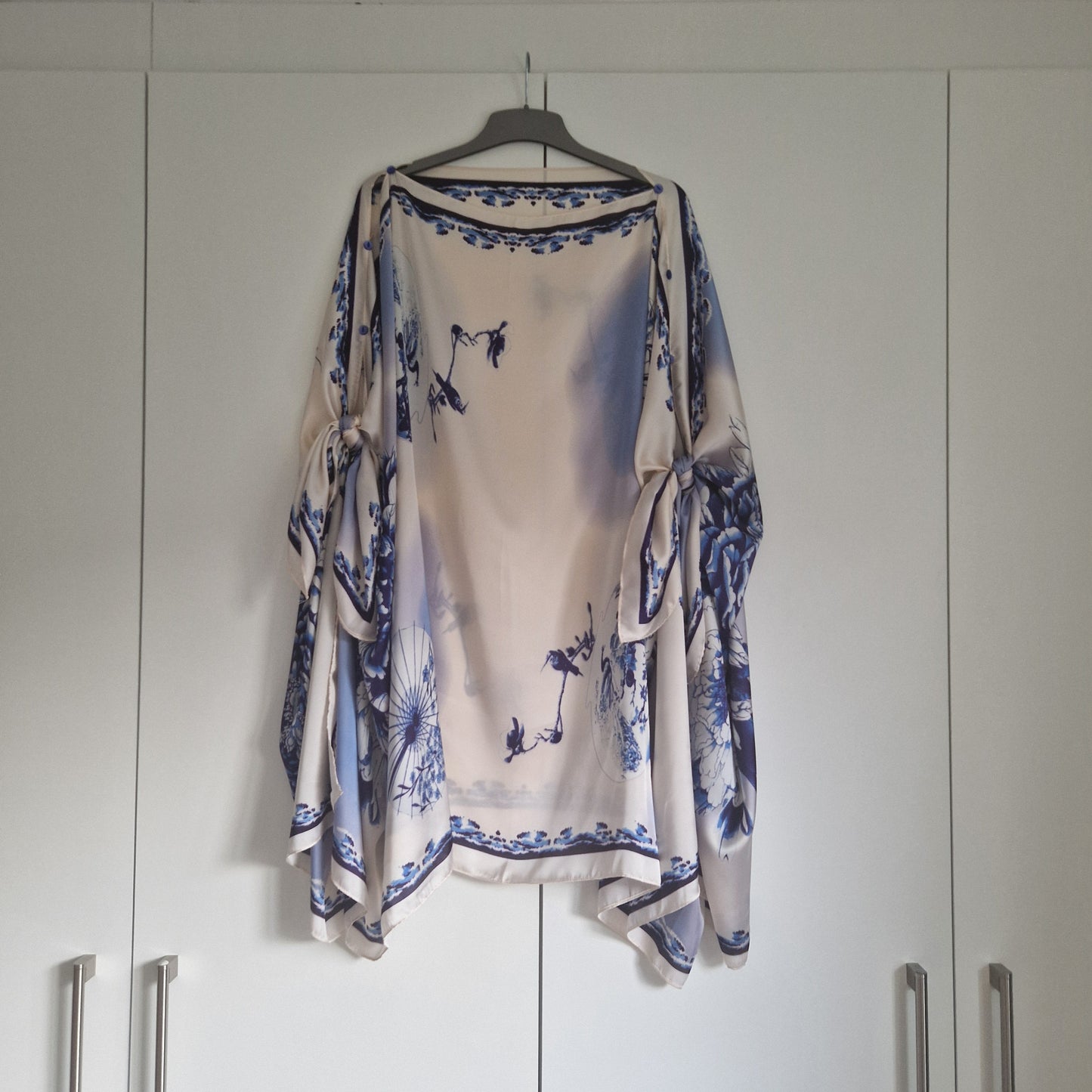 Handmade Boho-style multi-wear kaftan and robe in diamond white  botanical cherry blossom print, made from a soft cotton-polyester blend