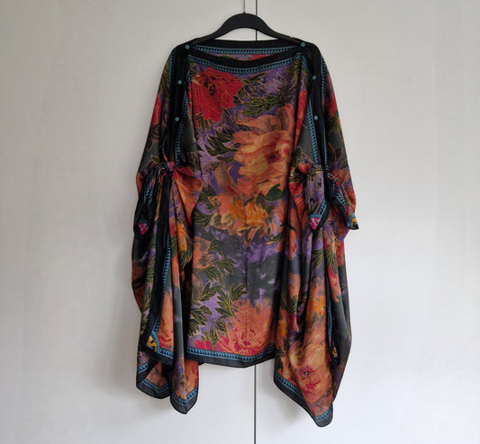 Handmade Boho-style multi-wear kaftan and a multi coloured warm coloured robe, with botanical, made from a soft cotton-polyester blend