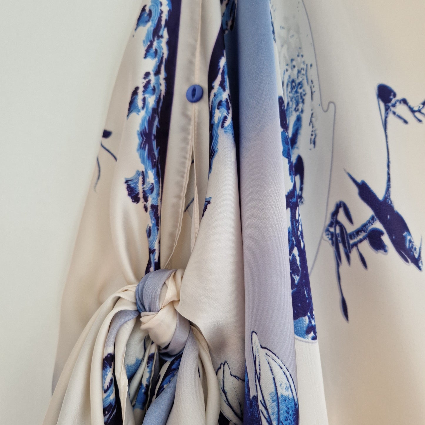 Handmade Boho-style multi-wear kaftan and robe in diamond white  botanical cherry blossom print, made from a soft cotton-polyester blend