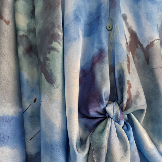 Handmade Boho-style multi-wear kaftan and robe in blue  with golden border and  botanical cherry blossom print, made from a soft cotton-polyester blend