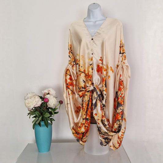 Handmade Boho-style multi-wear kaftan and robe  made from a soft cotton-polyester blend  in autumn colours
