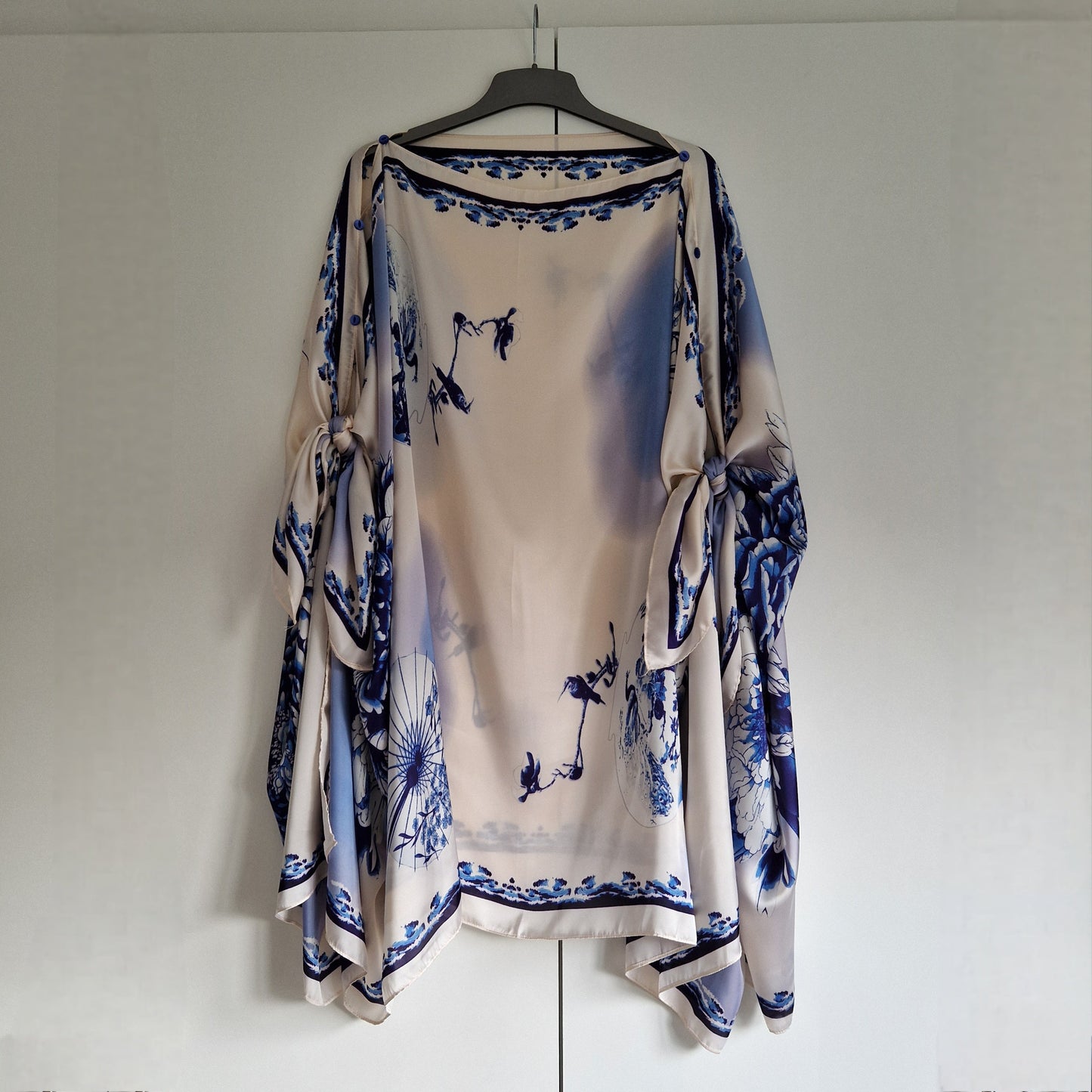 Handmade Boho-style multi-wear kaftan and robe in diamond white  botanical cherry blossom print, made from a soft cotton-polyester blend