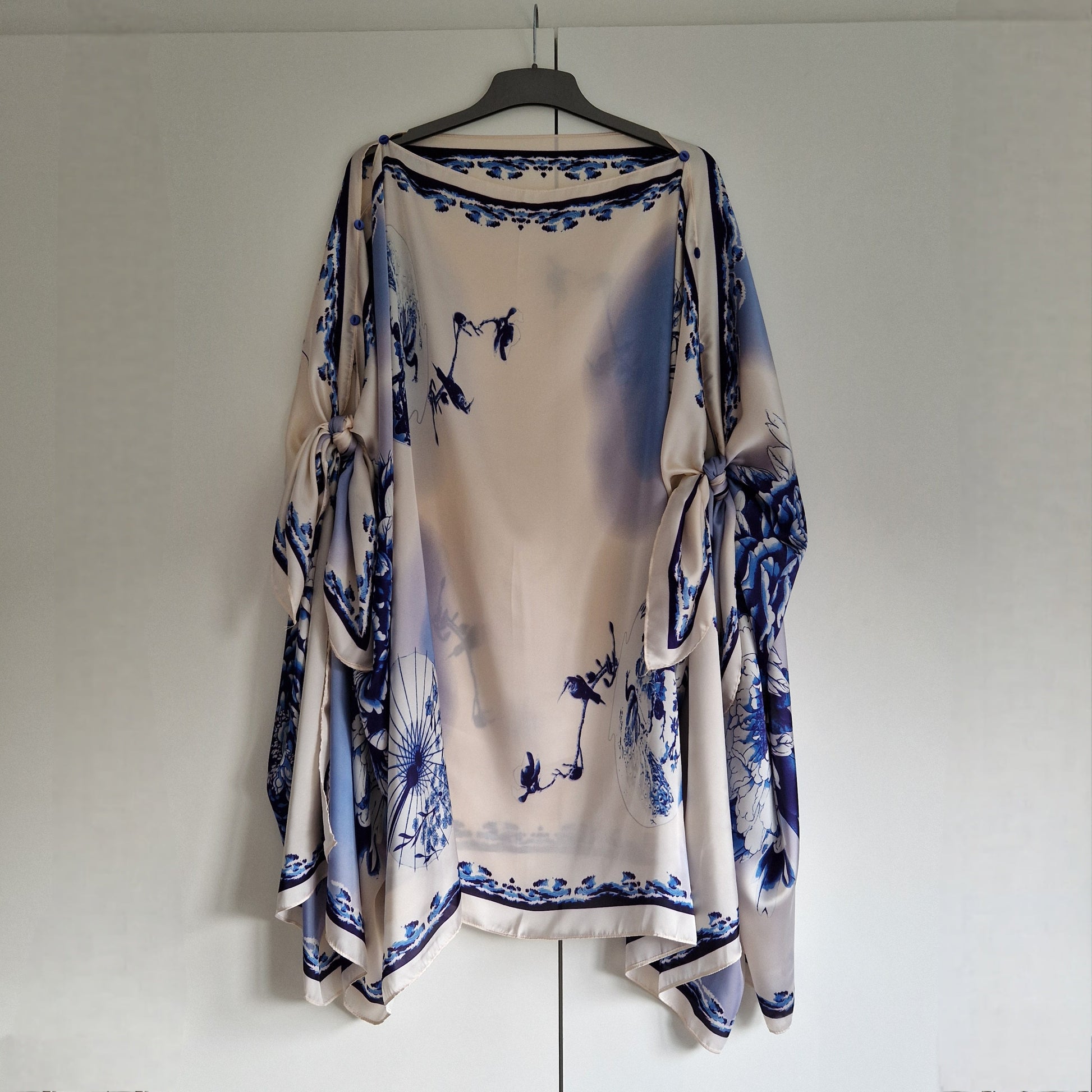 Handmade Boho-style multi-wear kaftan and robe in diamond white  botanical cherry blossom print, made from a soft cotton-polyester blend