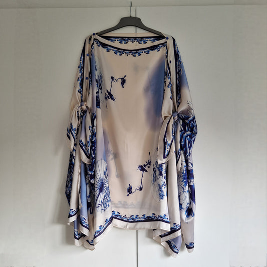 Handmade Boho-style multi-wear kaftan and robe in diamond white  botanical cherry blossom print, made from a soft cotton-polyester blend