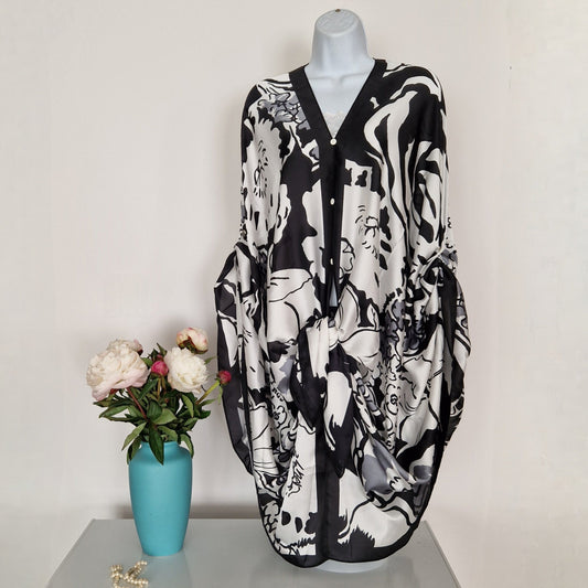 Handmade Boho-style multi-wear kaftan and robe in black and white   made from a soft cotton-polyester blend 