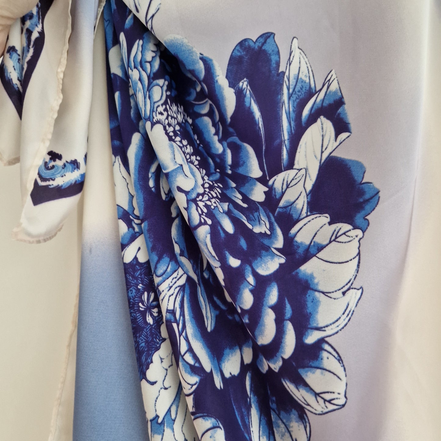 Handmade Boho-style multi-wear kaftan and robe in diamond white  botanical cherry blossom print, made from a soft cotton-polyester blend