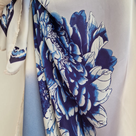 Handmade Boho-style multi-wear kaftan and robe in diamond white  botanical cherry blossom print, made from a soft cotton-polyester blend